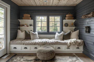 A cozy playroom with plush seating. Black and white interior design.