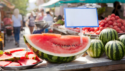 Watermelon slice in bazaar with empty price signboard to text, selective focus