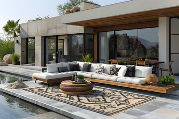 A contemporary outdoor space. Black and white interior design.
