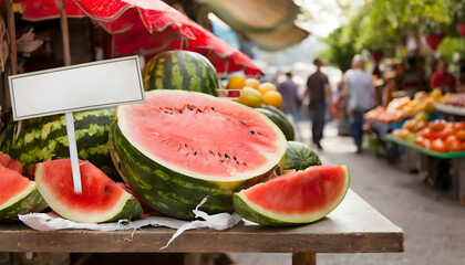 Watermelon half and slice in bazaar with empty price signboard to text, selective focus