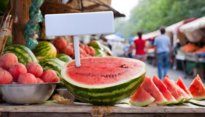 Watermelon half and slice in bazaar with empty price signboard to text, selective focus