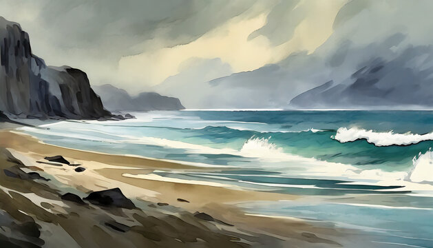 Watercolor illustration of gloomy beach scene. Shore of the sea or ocean. Natural landscape.