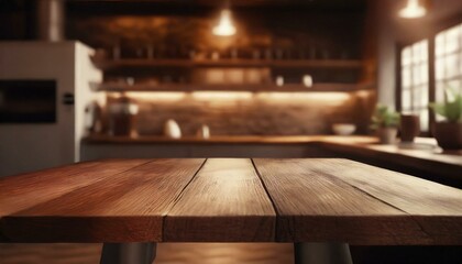 Empty wooden table inside professional restaurant kitchen , for product placement advertisement