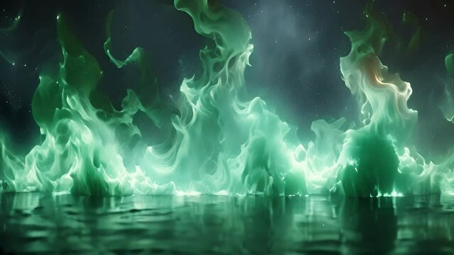 Vivid green flame blazing against dark backdrop.