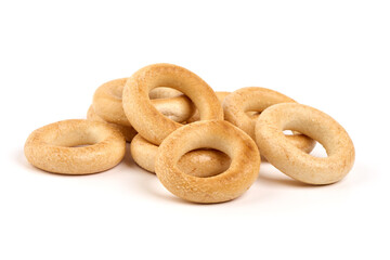 Dry bagels, bread rings isolated on white background