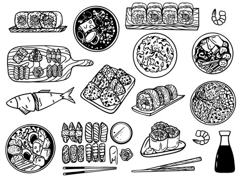 Asian Japanese food. Sushi set. Hand drawn Japanese food sketch Illustrations set. Sea food and japan restaurant foods items Retro style. Sushi bar menu.