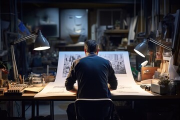 The image depicts a person working on an architectural drawing at a cluttered desk, illuminated by two desk lamps in a dimly lit room.