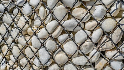 a lot of white polished pebbles behind a metal grid