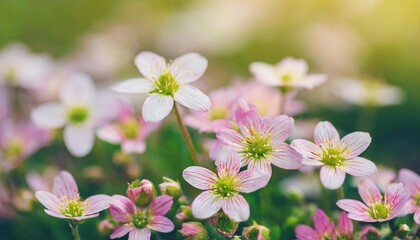 delicate white pink flowers of saxifrage moss in spring garden floral background
