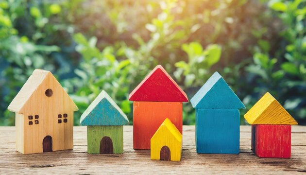 colorful wooden house models on a wooden table