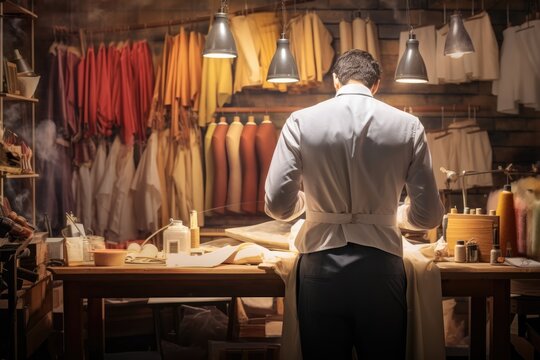 photo of a professional tailor working on a garment in a well-equipped atelier, seen up close and from behind. The atelier is filled with fabrics and sewing tools.