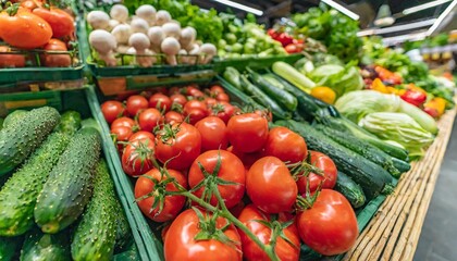 fresh organic vegetables and fruits on shelf in supermarket farmers market healthy food concept vitamins and minerals tomatoes capsicum cucumbers mushrooms zucchini