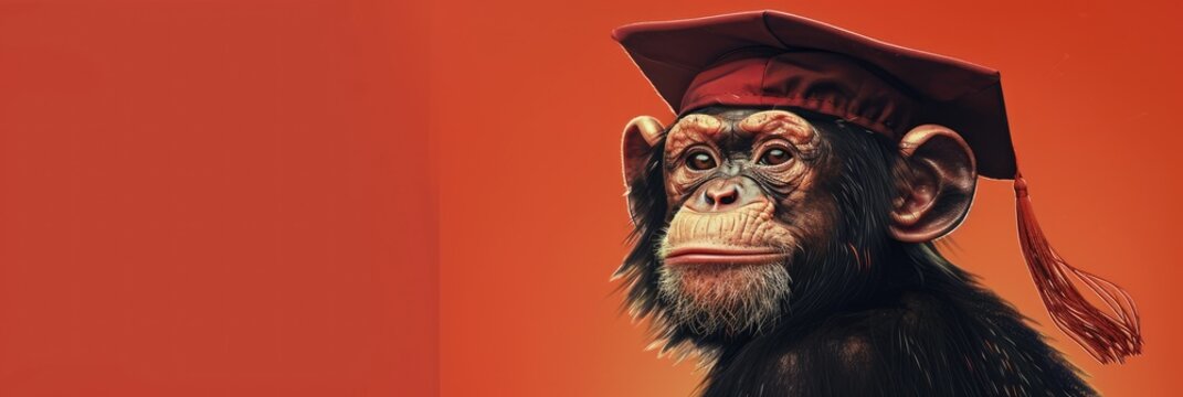 Chimpanzee in a graduation cap on red - A high contrast image of a thoughtful chimp in graduation attire on bright red background