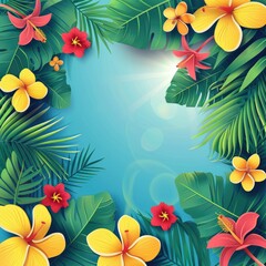 Fototapeta na wymiar Exotic flowers and leaves on serene blue backdrop - This image showcases a peaceful and enchanting assembly of exotic flowers and foliage against a tranquil blue background, depicting serenity