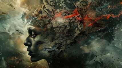 Explosive head profile with dynamic elements - A dynamic and powerful visual metaphor of a human head exploding into fragments and energy, symbolizing creativity or chaos