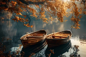 Foto op Aluminium boats on the water with trees and leaves © Sveatoslav