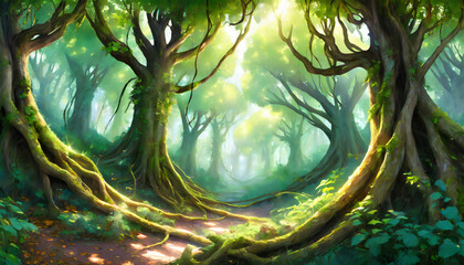 Detailed illustration of mystery green forest with big trees. Natural landscape. Wilderness environment.