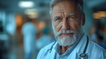 Old doctor with a beard in a white overalls (AI generated illustration).