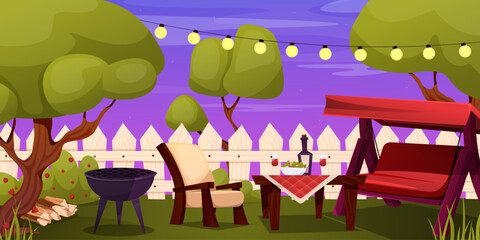 Home backyard with trees and furniture. Cartoon exterior and landscape, trees and bushes. Vector illustration EPS10