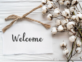 Welcome card with natural cotton bolls on a white painted wood