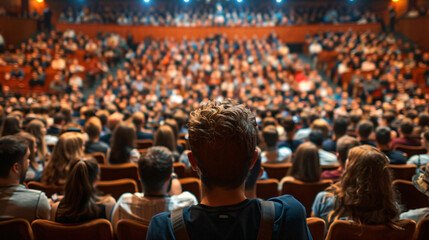 Conference hall, view of a diverse audience attentively listening to a speaker on stage - obrazy, fototapety, plakaty