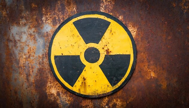 round yellow radioactive ionizing radiation danger symbol painted on a massive rusty metal wall with dark rustic grungy texture background with vignetting