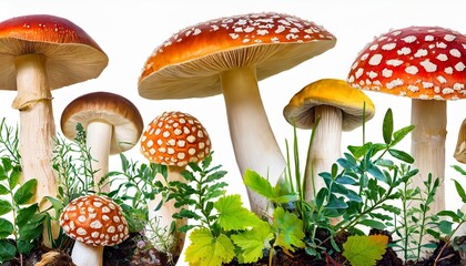 hand drawn mushrooms and plants isolated on transparent background colorful illustration set