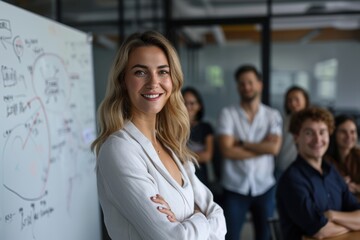 Fototapeta premium smiling blonde hair woman standing in front of the team is dressed in modern white clothes on meeting with team working some project and she lead the team to create a plan