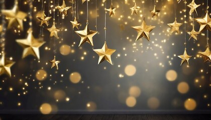 dark room with golden stars hanging from the ceiling on a blurred background