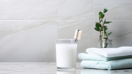 Fototapeta na wymiar The toothbrushes in a glass and white towels in bathroom