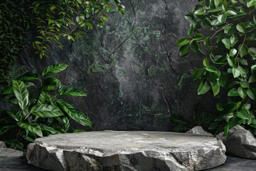 Stone Podium, Nature Product Display Platform, Green Leaves Background, Rock Jungle Pedestal