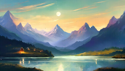 Beautiful illustration on mountain landscape, lakeside and green nature. Wilderness environment.