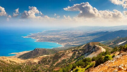 mediterranean landscape panorama banner top view from the mountain range on the akamas peninsula near the town of polis the island of cyprus republic of cyprus