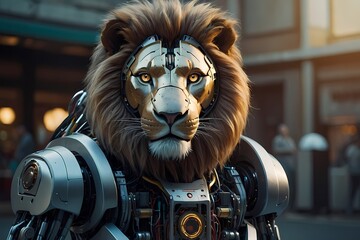 AI-enhanced lion robot character, symbolizing the fusion of technology and nature.