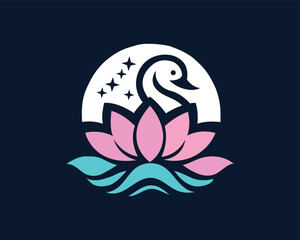 swan and flowers, swan lotus logo, swan spa beauty logo, swan in water with lotus flower logo design vector illustration