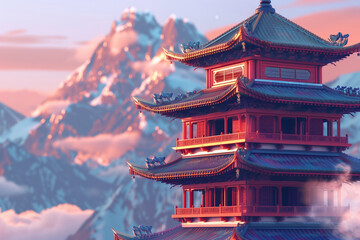 Red Chinese multi-story pagoda, colorful buddhist temple with mountains in the background and copy space for text