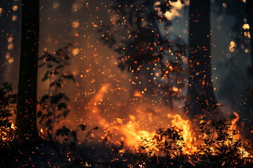 Wildfires close up, trees and grass engulfed in sparks of fire and flames. Fire in the forest