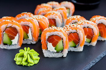 Delicious sushi on a dark background. Tasty sushi on a graphite plate. Sushi Filadelfia. Generative AI image.