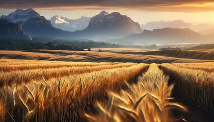 scenic landscape of endless fields of ripe wheat against the backdrop of mountains