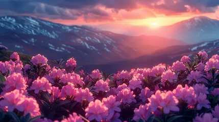 Papier Peint photo autocollant Matin avec brouillard Spring landscape in mountains with Flower of a rhododendron and the morning sun.