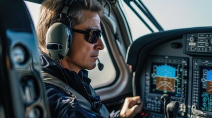 Naklejka premium aerotaxi pilot in the cockpit, ready to take off, highlighting the skilled professionals behind this cutting-edge mode of transportation