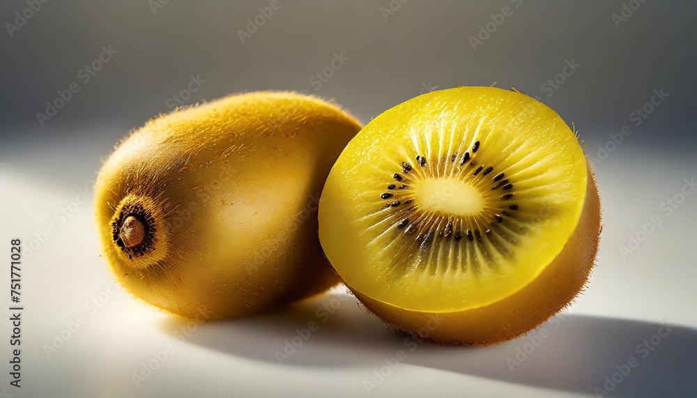 Wall mural whole and half of yellow or gold kiwi fruit isolated on white background