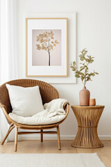 Feel the boho vibes contemporary living room, wicker chair, floor vases, and a blank mockup poster frame against a crisp white wall.