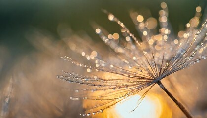 macro nature beautiful dew drops on dandelion seed macro beautiful soft sunset background water drops on parachutes dandelion copy space soft focus on water droplets abstract background
