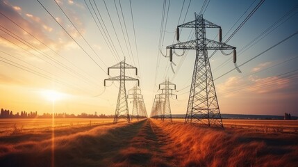 Towers of energy, electric towers stand majestic - obrazy, fototapety, plakaty