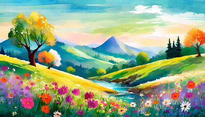 Detailed oil painting of beautiful landscape with blooming flowers and trees, mountains.