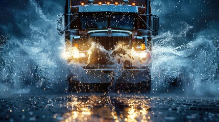 highway semi truck rain - obrazy, fototapety, plakaty