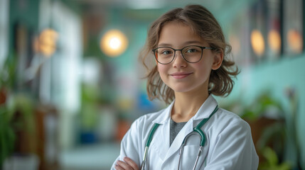 A serene blend of youth and medicine in warm colors.