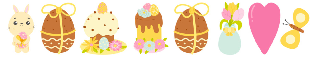 Set of cute colorful Easter eggs, Easter symbol, decorative Easter vector elements collection. Collection of colored eggs, cakes and flowers.