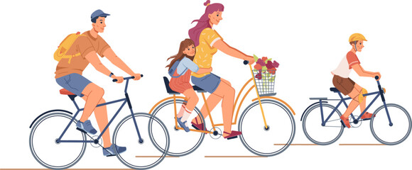 family bike ride cycling father mother and children vector illustration